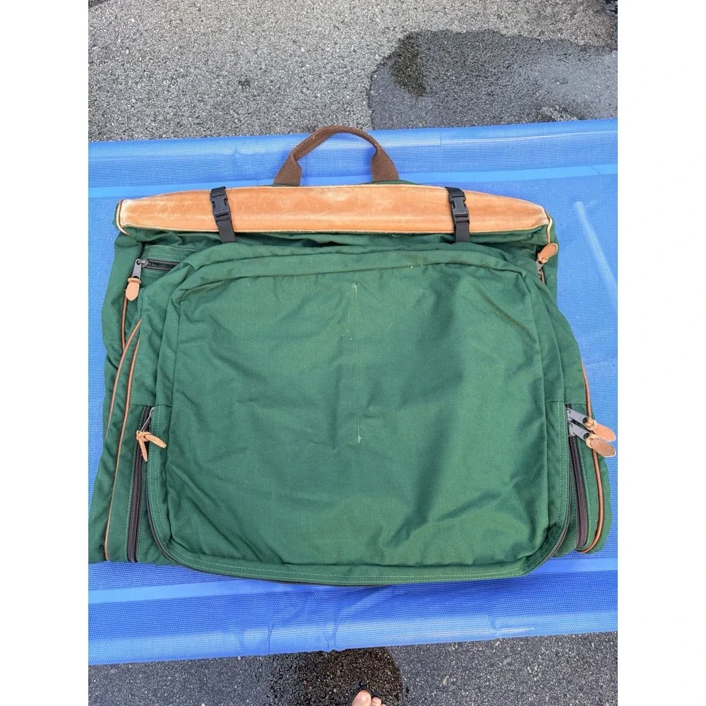 Vintage LL BEAN Green Canvas Leather Folding Garment Carrying Bag Travel
